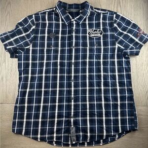 Harley-Davidson 2XL Slim Fit Blue Plaid Button Up Shirt Logo Patch Biker